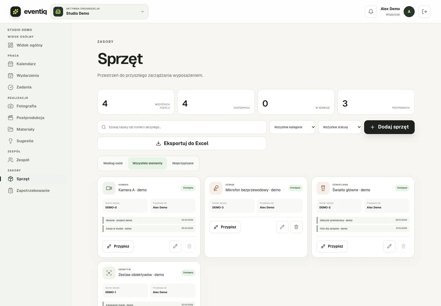 Rzeczywista kartoteka sprzętu Eventiq z syntetycznymi zestawami